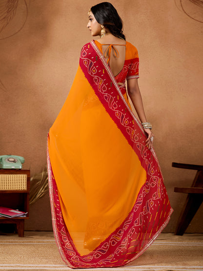 Women's Georgette Bandhani Saree With Unstitched Blouse Piece