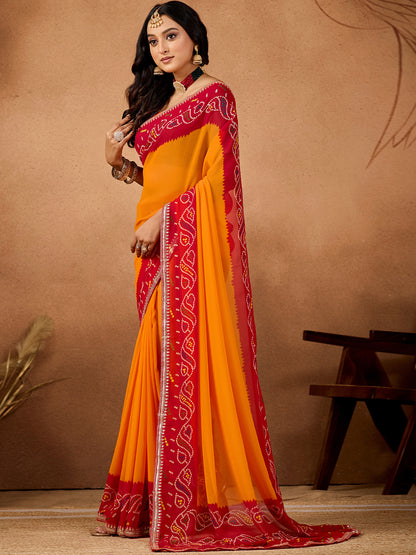 Women's Georgette Bandhani Saree With Unstitched Blouse Piece