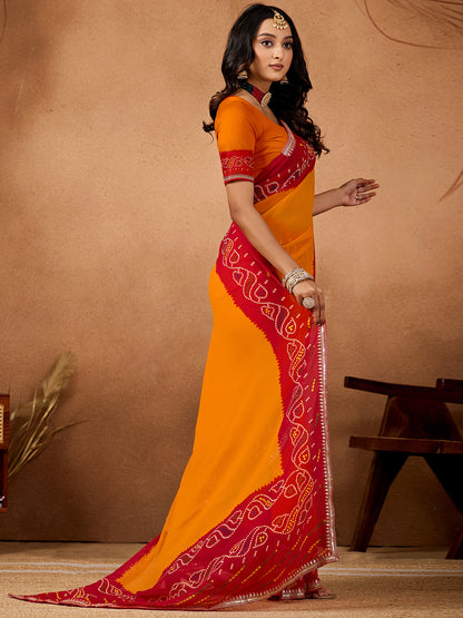 Women's Georgette Bandhani Saree With Unstitched Blouse Piece
