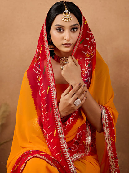 Women's Georgette Bandhani Saree With Unstitched Blouse Piece