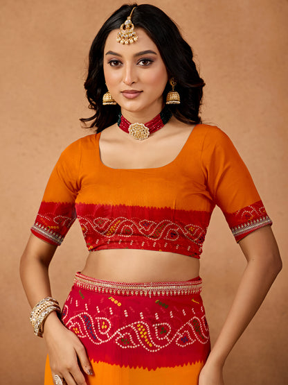 Women's Georgette Bandhani Saree With Unstitched Blouse Piece