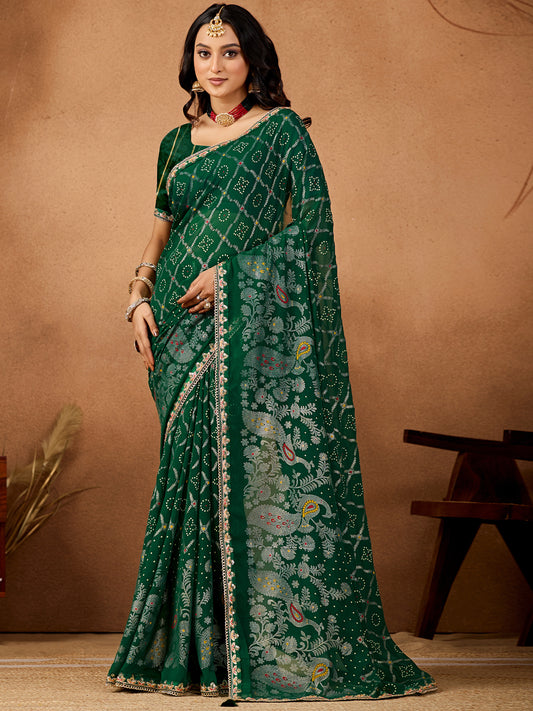Women's Georgette Bandhani Saree With Unstitched Blouse Piece