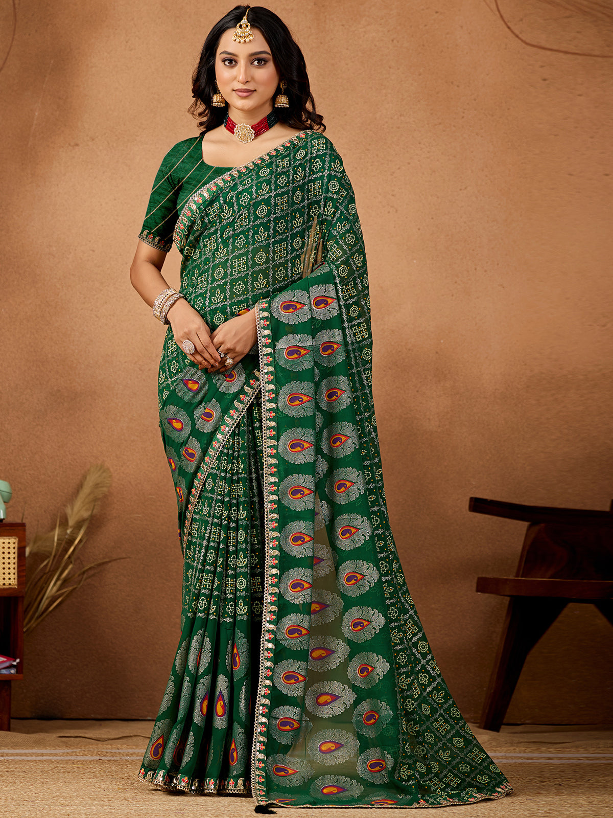 Women's Georgette Bandhani Saree With Unstitched Blouse Piece