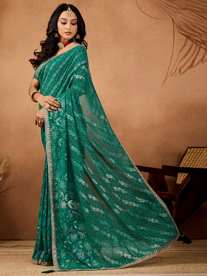 Women's Georgette Bandhani Saree With Unstitched Blouse Piece