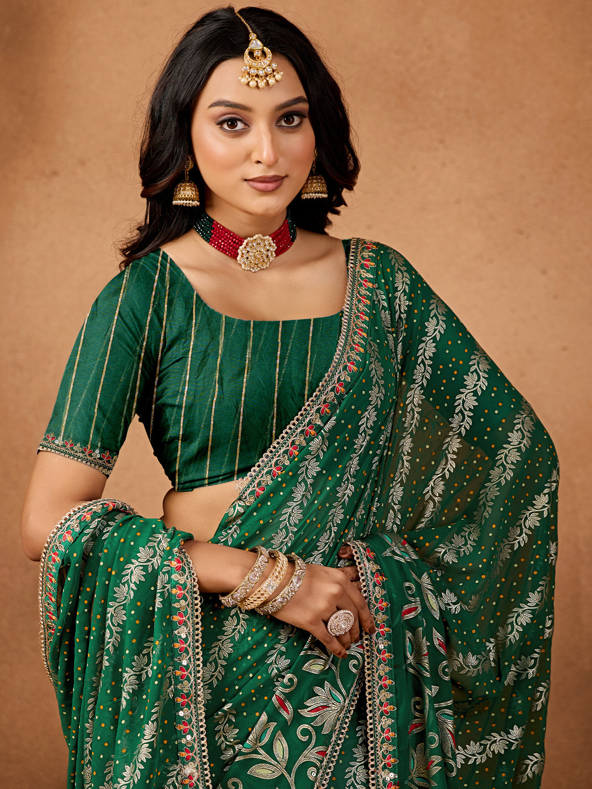 Women's Georgette Bandhani Saree With Unstitched Blouse Piece