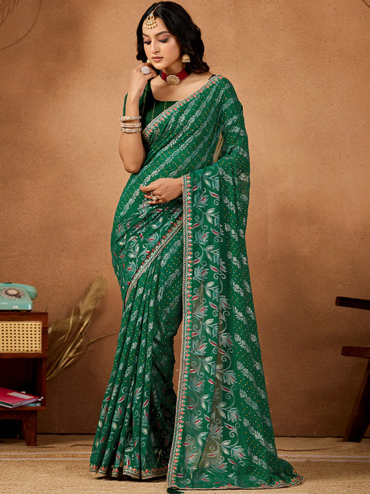 Women's Georgette Bandhani Saree With Unstitched Blouse Piece