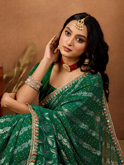 Women's Georgette Bandhani Saree With Unstitched Blouse Piece