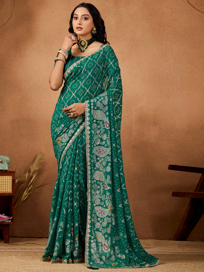 Women's Georgette Bandhani Saree With Unstitched Blouse Piece