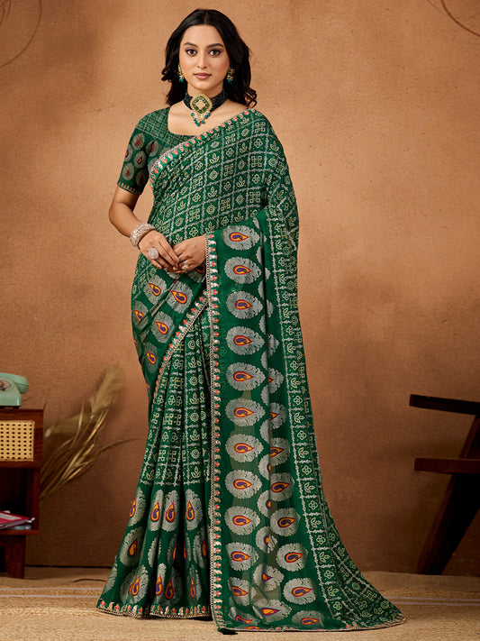 Women's Georgette Bandhani Saree With Unstitched Blouse Piece