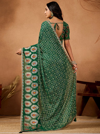 Women's Georgette Bandhani Saree With Unstitched Blouse Piece