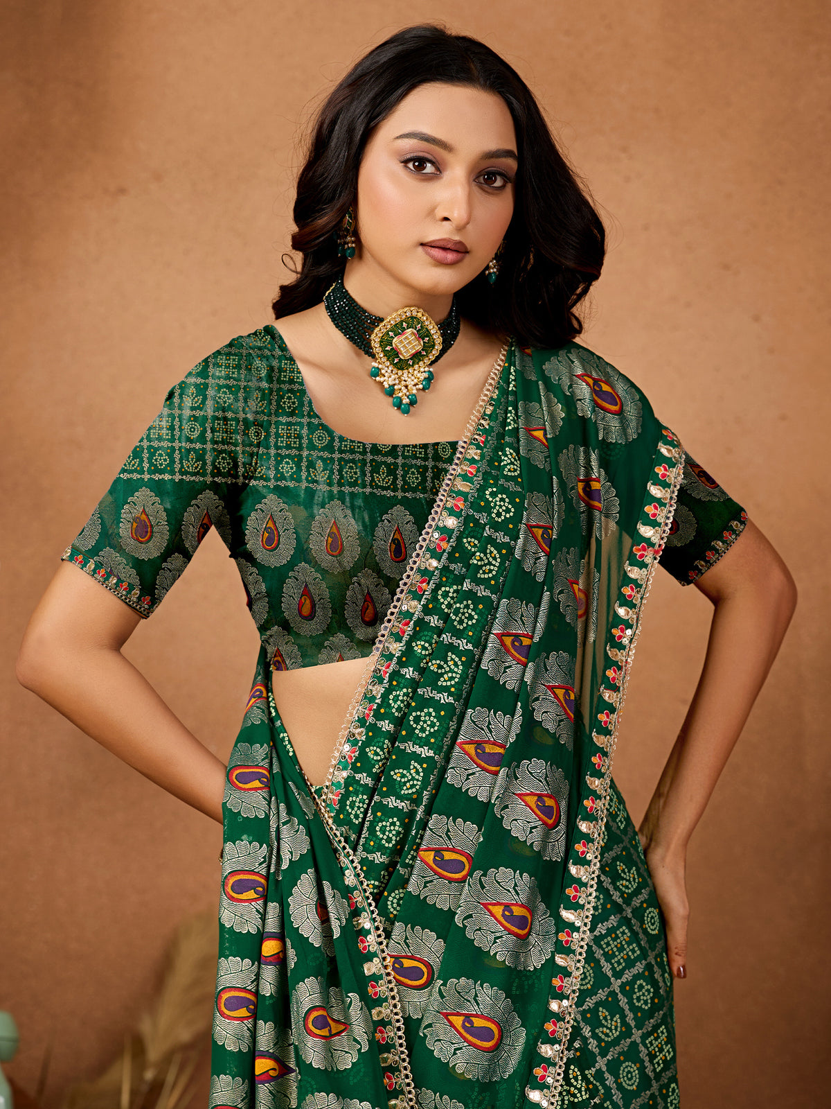 Women's Georgette Bandhani Saree With Unstitched Blouse Piece