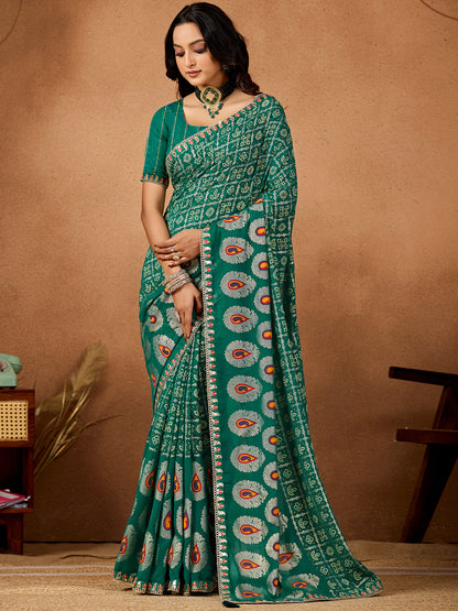 Women's Georgette Bandhani Saree With Unstitched Blouse Piece