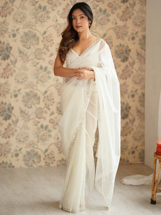 Women's Net Sequence Work Saree With Unstitched Blouse Piece