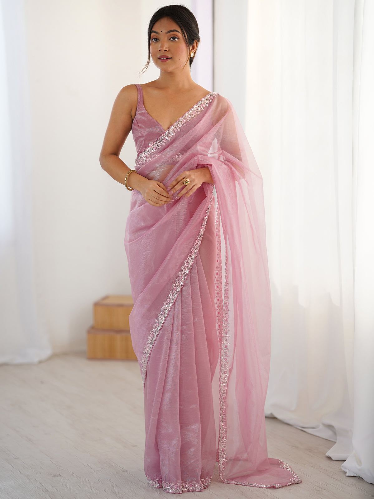 Women's Net Sequence Work Saree With Unstitched Blouse Piece