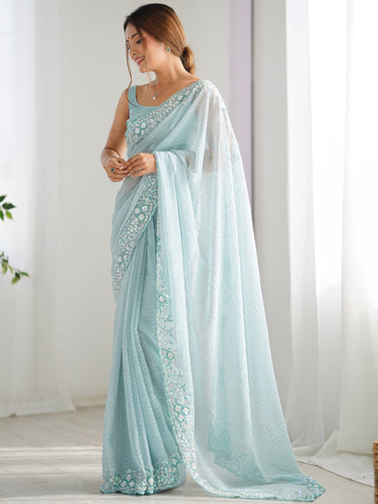 Women's Georgette Embroidery Work Saree With Unstitched Blouse Piece