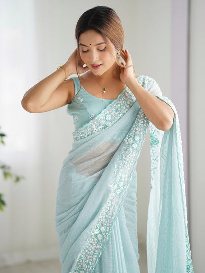 Women's Georgette Embroidery Work Saree With Unstitched Blouse Piece