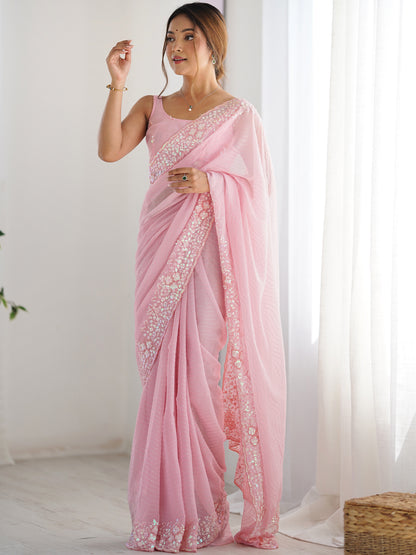 Women's Georgette Embroidery Work Saree With Unstitched Blouse Piece