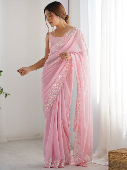 Women's Georgette Embroidery Work Saree With Unstitched Blouse Piece