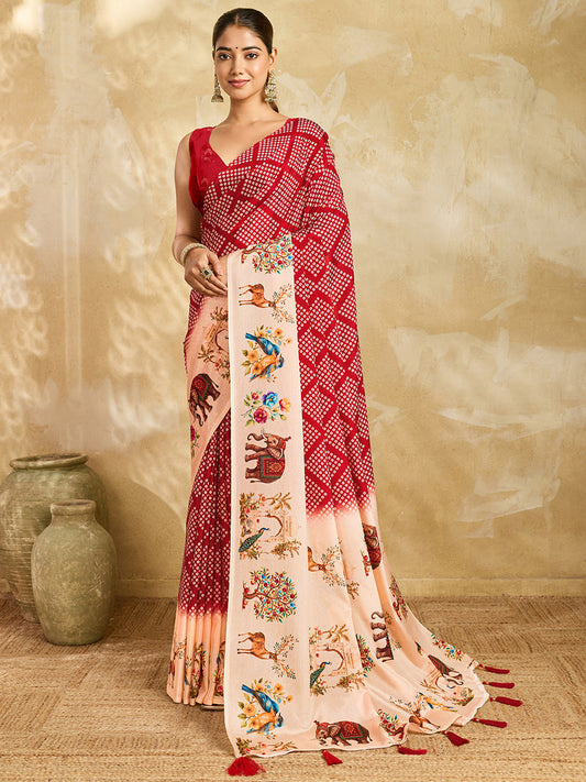 Women's Bandhani Saree With Unstitched Blouse Piece