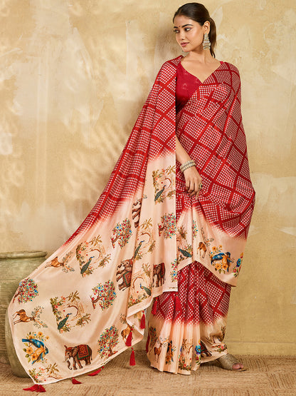 Women's Bandhani Saree With Unstitched Blouse Piece