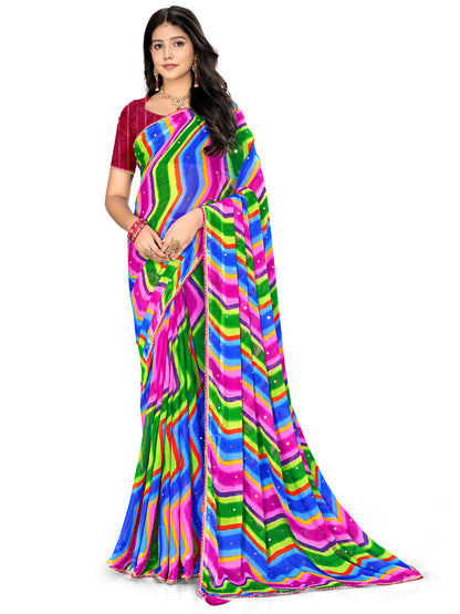 Women's Chiffon Leheriya Saree With Unstitched Blouse Piece