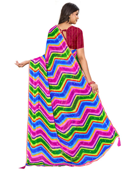 Women's Chiffon Leheriya Saree With Unstitched Blouse Piece
