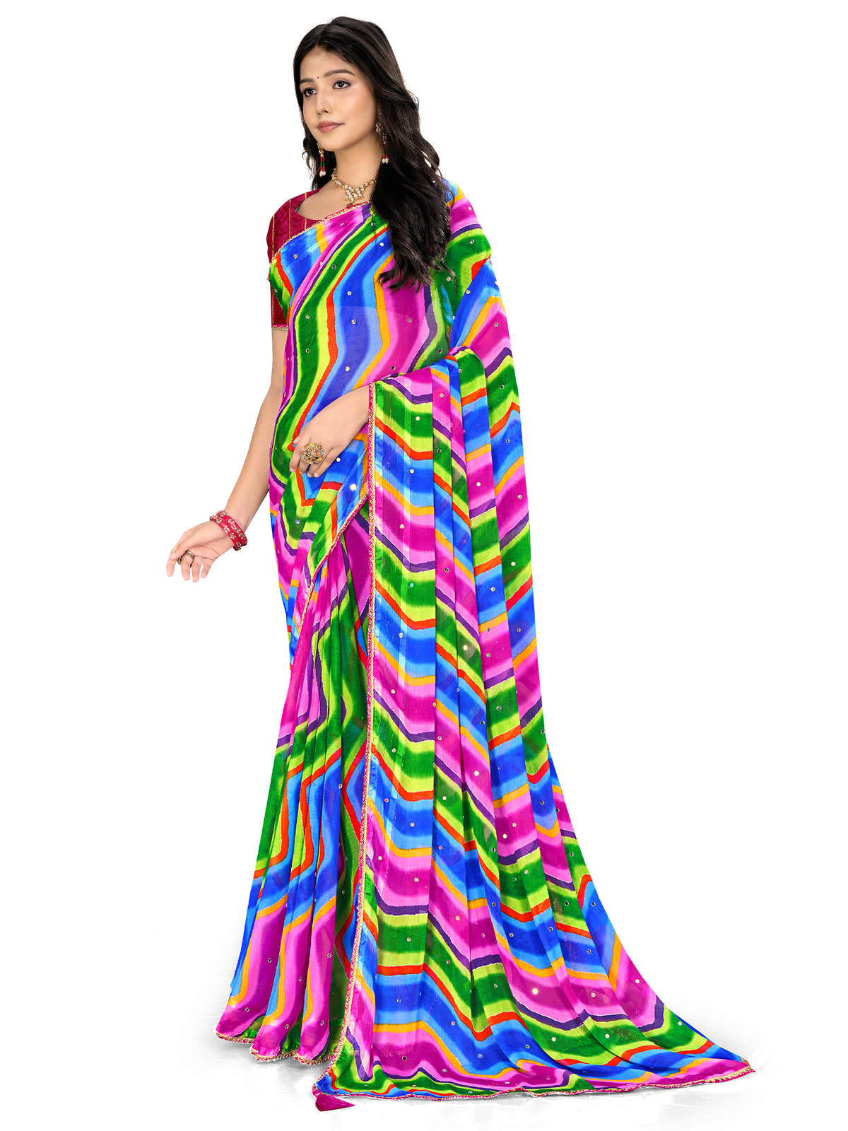 Women's Chiffon Leheriya Saree With Unstitched Blouse Piece