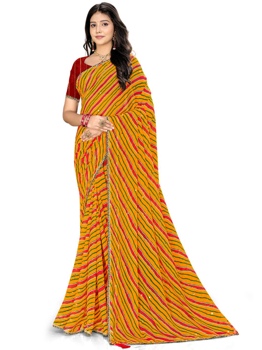 Women's Chiffon Leheriya Saree With Unstitched Blouse Piece