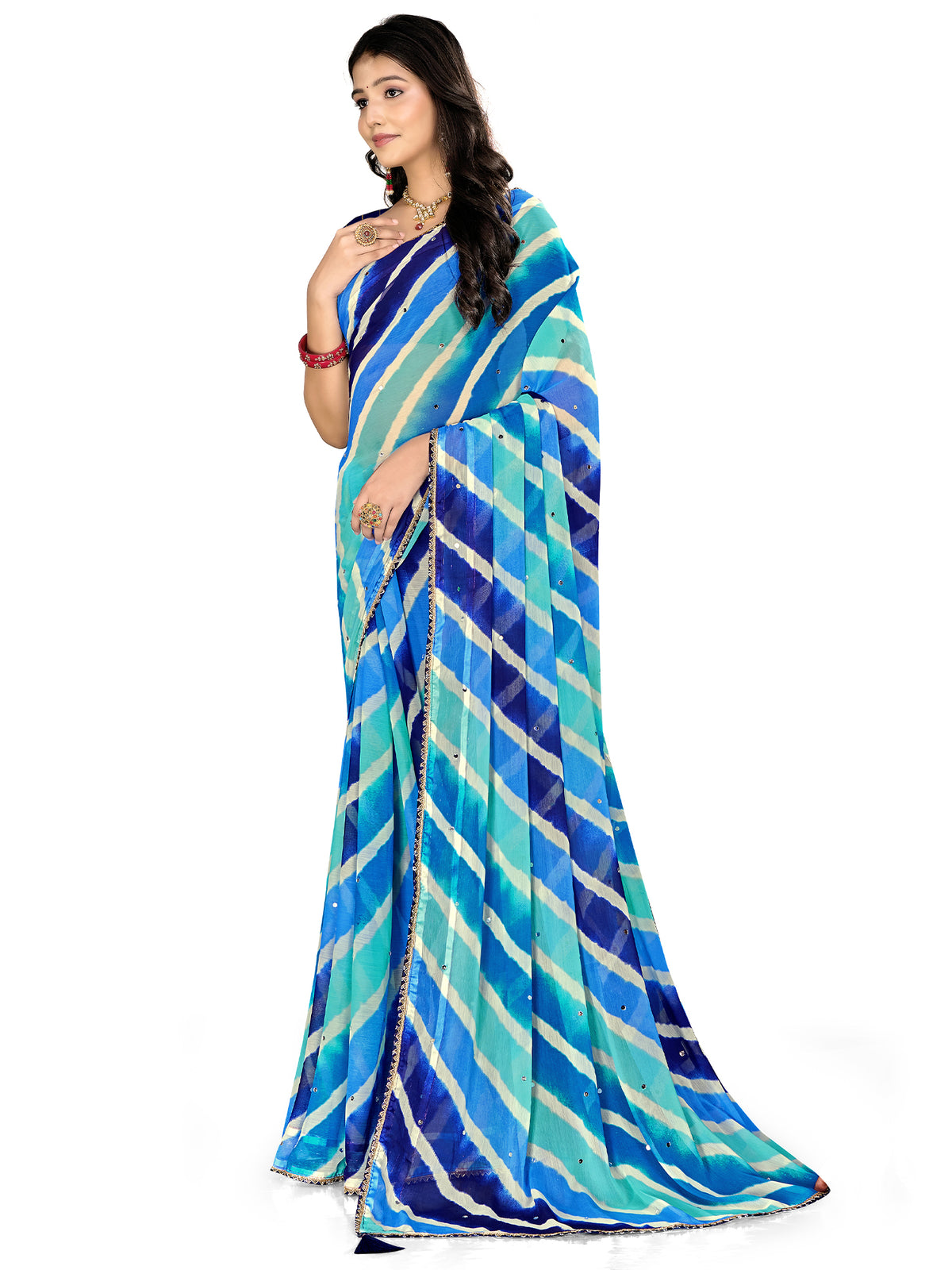 Women's Chiffon Leheriya Saree With Unstitched Blouse Piece