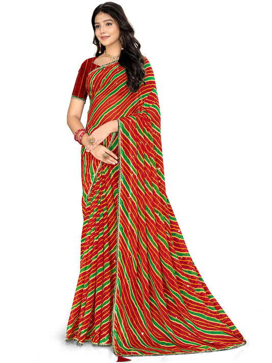 Women's Chiffon Leheriya Saree With Unstitched Blouse Piece
