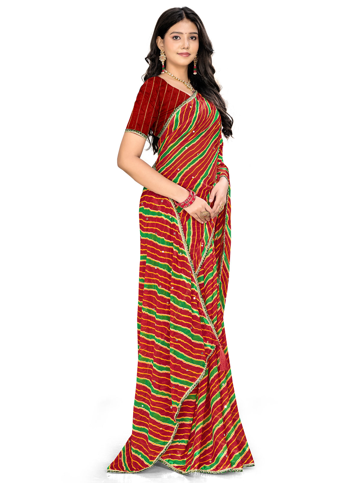Women's Chiffon Leheriya Saree With Unstitched Blouse Piece