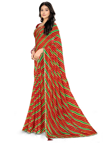 Women's Chiffon Leheriya Saree With Unstitched Blouse Piece