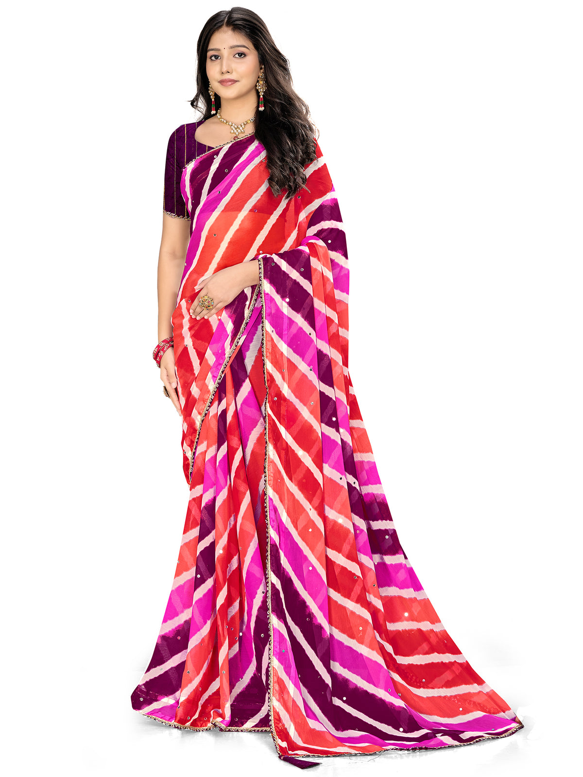 Women's Chiffon Leheriya Saree With Unstitched Blouse Piece