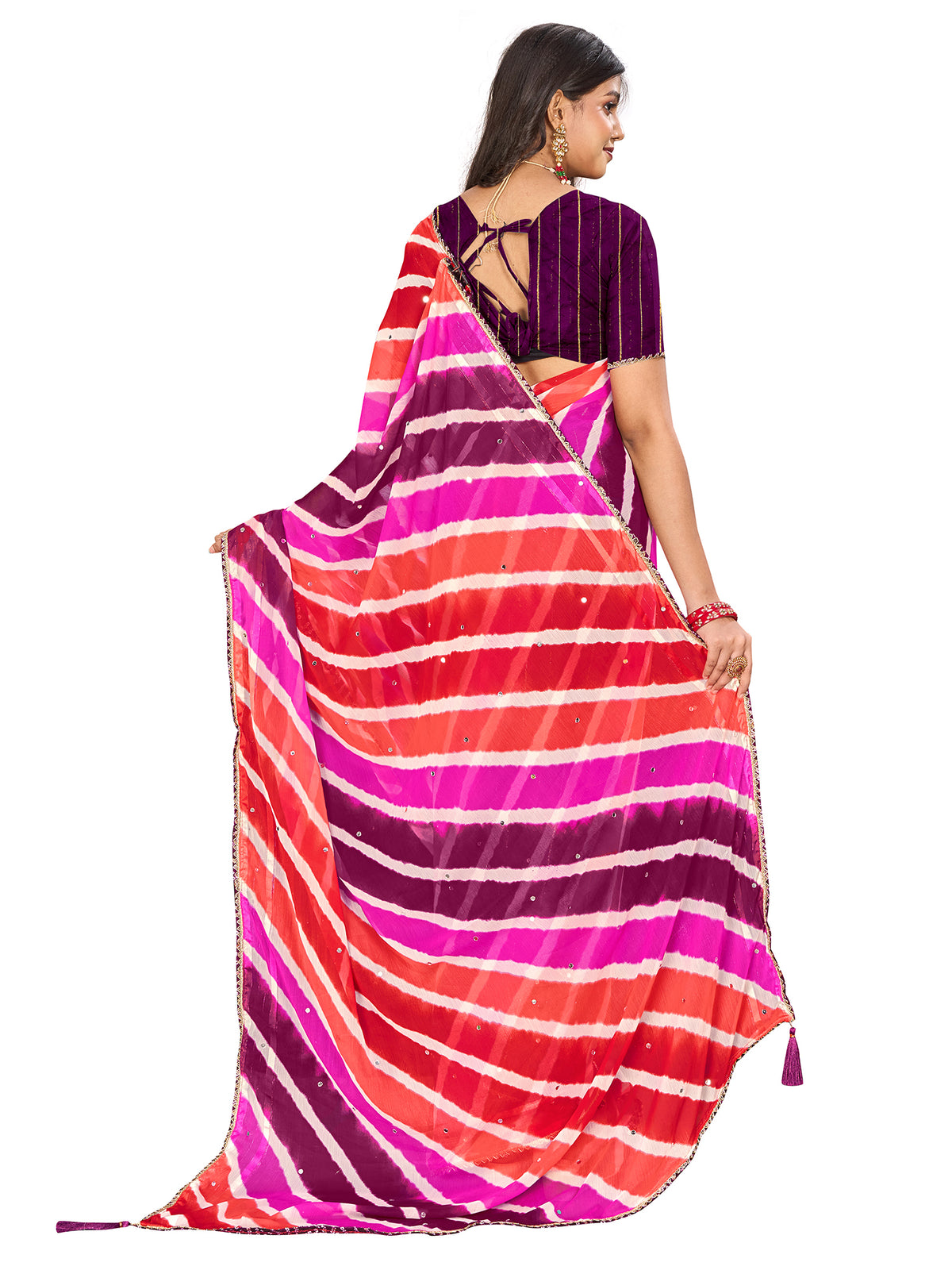 Women's Chiffon Leheriya Saree With Unstitched Blouse Piece
