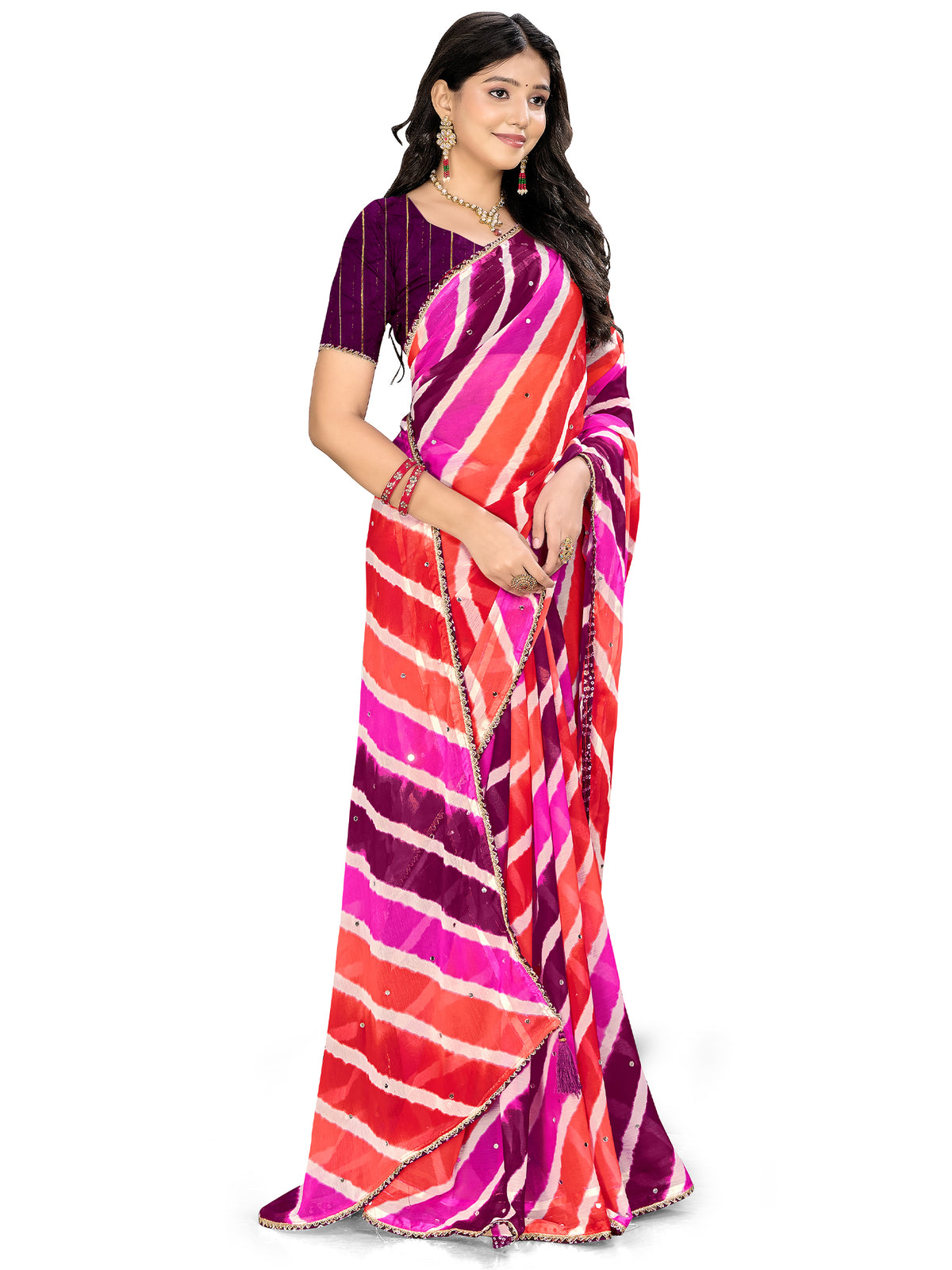 Women's Chiffon Leheriya Saree With Unstitched Blouse Piece