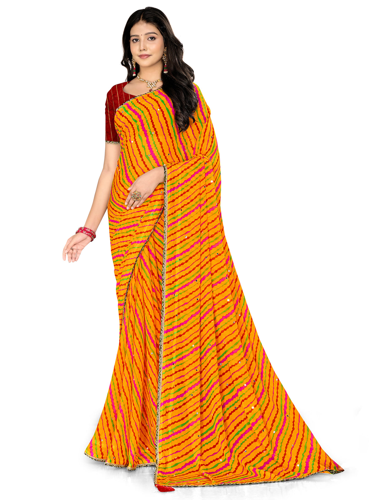 Women's Chiffon Leheriya Saree With Unstitched Blouse Piece