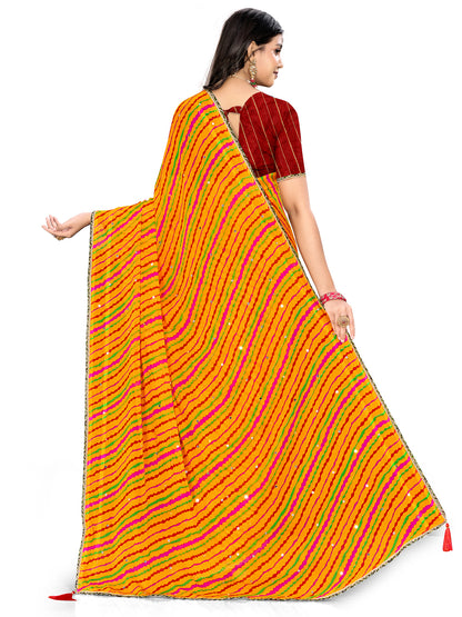 Women's Chiffon Leheriya Saree With Unstitched Blouse Piece