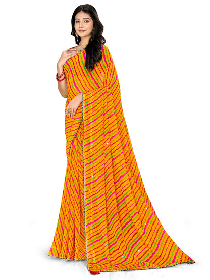 Women's Chiffon Leheriya Saree With Unstitched Blouse Piece