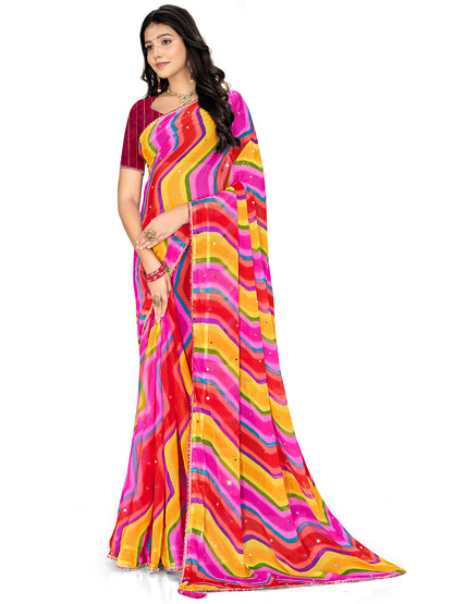 Women's Chiffon Leheriya Saree With Unstitched Blouse Piece