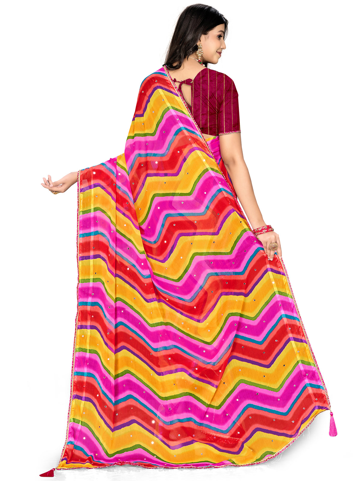 Women's Chiffon Leheriya Saree With Unstitched Blouse Piece