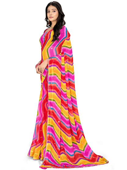 Women's Chiffon Leheriya Saree With Unstitched Blouse Piece