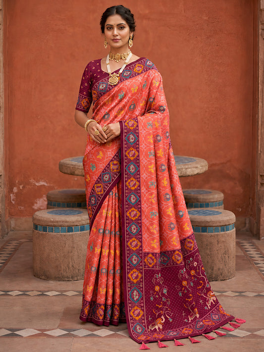 Women's Patola Silk Saree With Unstitched Blouse Piece