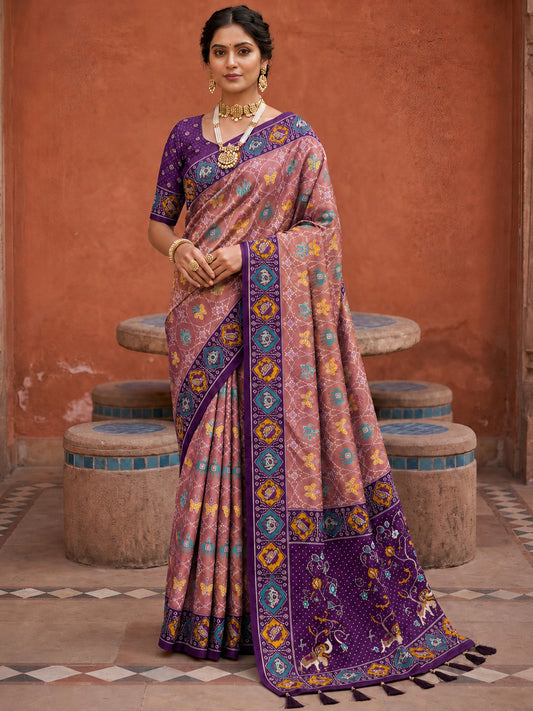 Women's Patola Silk Saree With Unstitched Blouse Piece