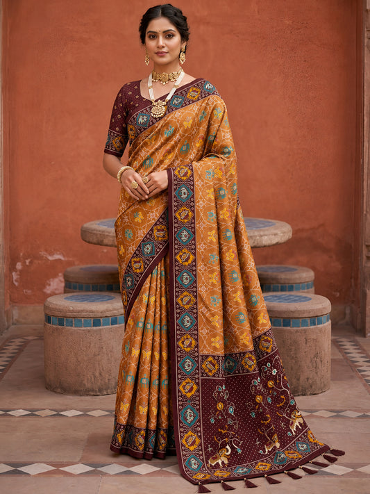 Women's Patola Silk Saree With Unstitched Blouse Piece