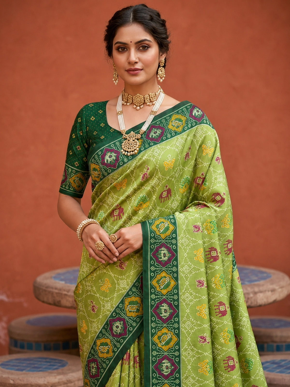 Women's Patola Silk Saree With Unstitched Blouse Piece