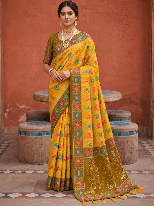 Women's Patola Silk Saree With Unstitched Blouse Piece