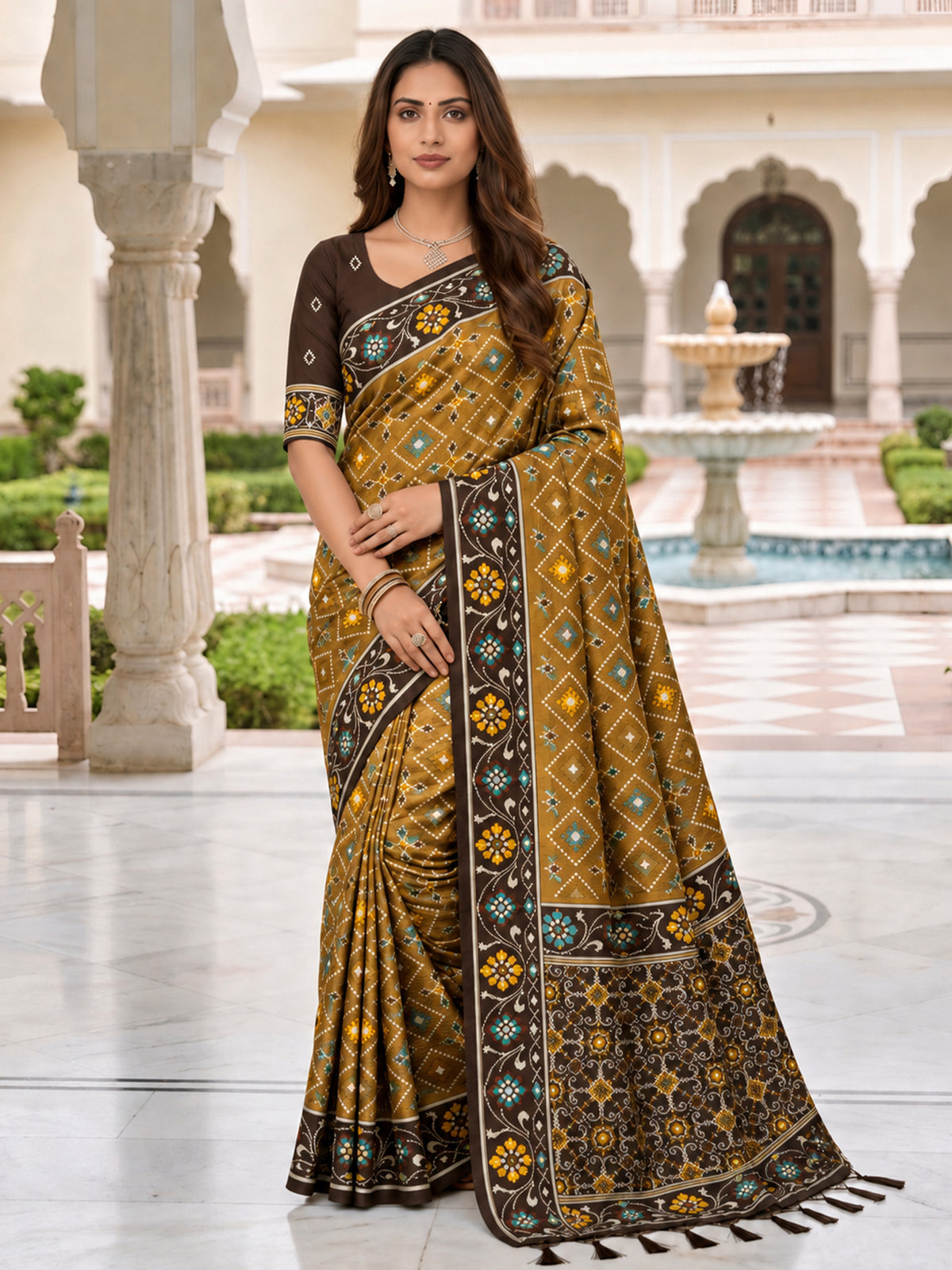 Women's Patola Silk Saree With Unstitched Blouse Piece