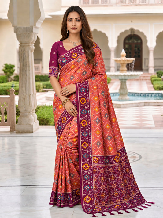 Women's Patola Silk Saree With Unstitched Blouse Piece
