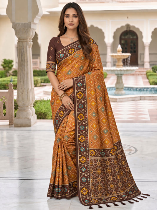 Women's Patola Silk Saree With Unstitched Blouse Piece