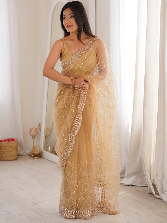 Women's Net Party Wear Saree With Unstitched Blouse Piece